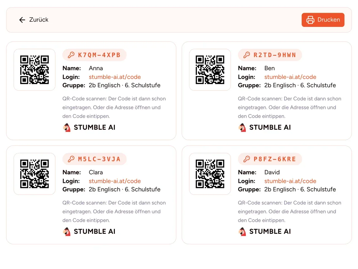 Zugangskarten einer Klasse: pro Schüler:in ein QR-Code, ein Zugangscode und die Login-Adresse, bereit zum Drucken