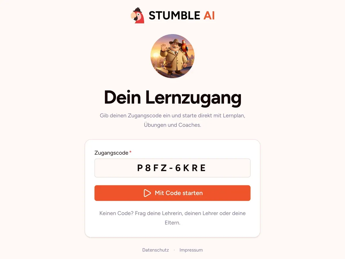 Anmeldeseite für Schüler:innen mit bereits eingetragenem Zugangscode und dem Button „Mit Code starten“
