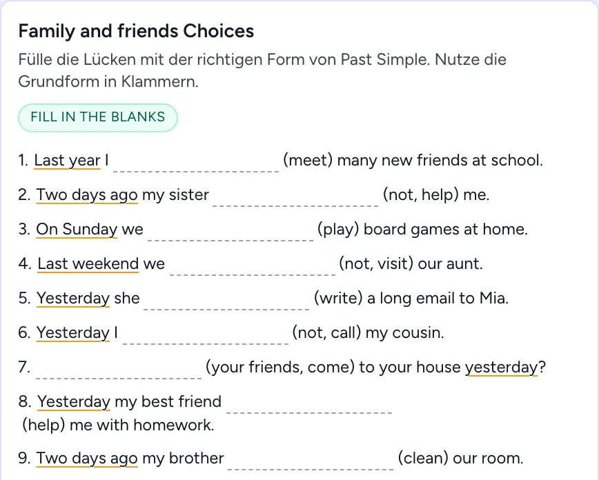Ausschnitt aus einem Arbeitsblatt: Lückensätze zum Past Simple, etwa „Last year I ___ (meet) many new friends at school.“